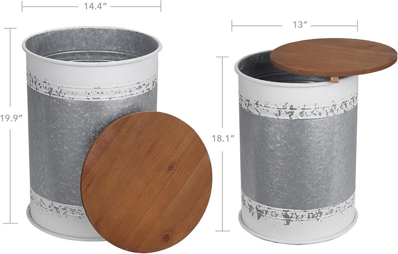 RUSTOWN Farmhouse Accent Side Table, Rustic Storage Ottoman Seat Stool, Galvanized Antique Metal End Table Box Bin with Round Wood Lid, Coffee or Cocktail Table, Nesting Pieces Two (White Distressed) - Image 3